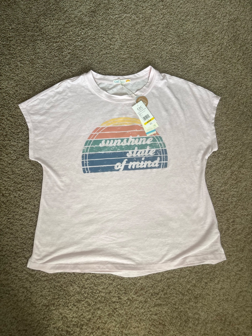 C&C California Light Pink Graphic Tee with Retro Multicolor Sunset